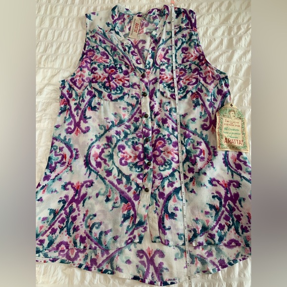 NWOT Aratta Cream Sleeveless Button DownTank with Purple & Teal Print - Picture 11 of 16